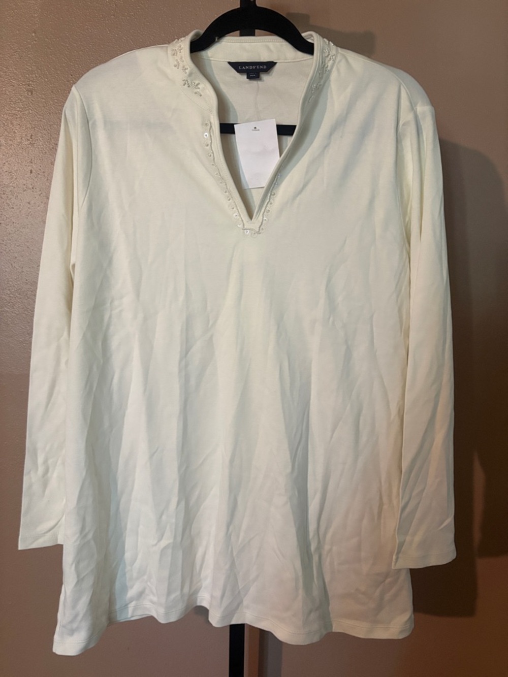 Lands' End Long Sleeve Split-Neck Shirt - Cream